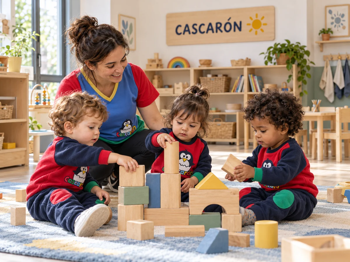 Niños pequeños construyen con bloques junto a una educadora en un aula infantil. Imagen ilustrativa generada con IA.
