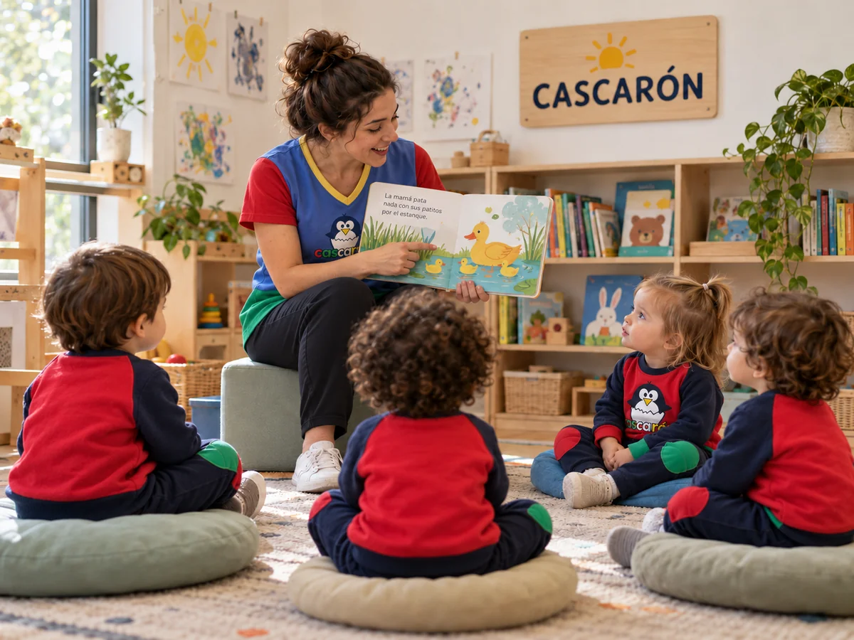 Una educadora comparte un cuento con un grupo de niños en un aula infantil. Imagen ilustrativa generada con IA.