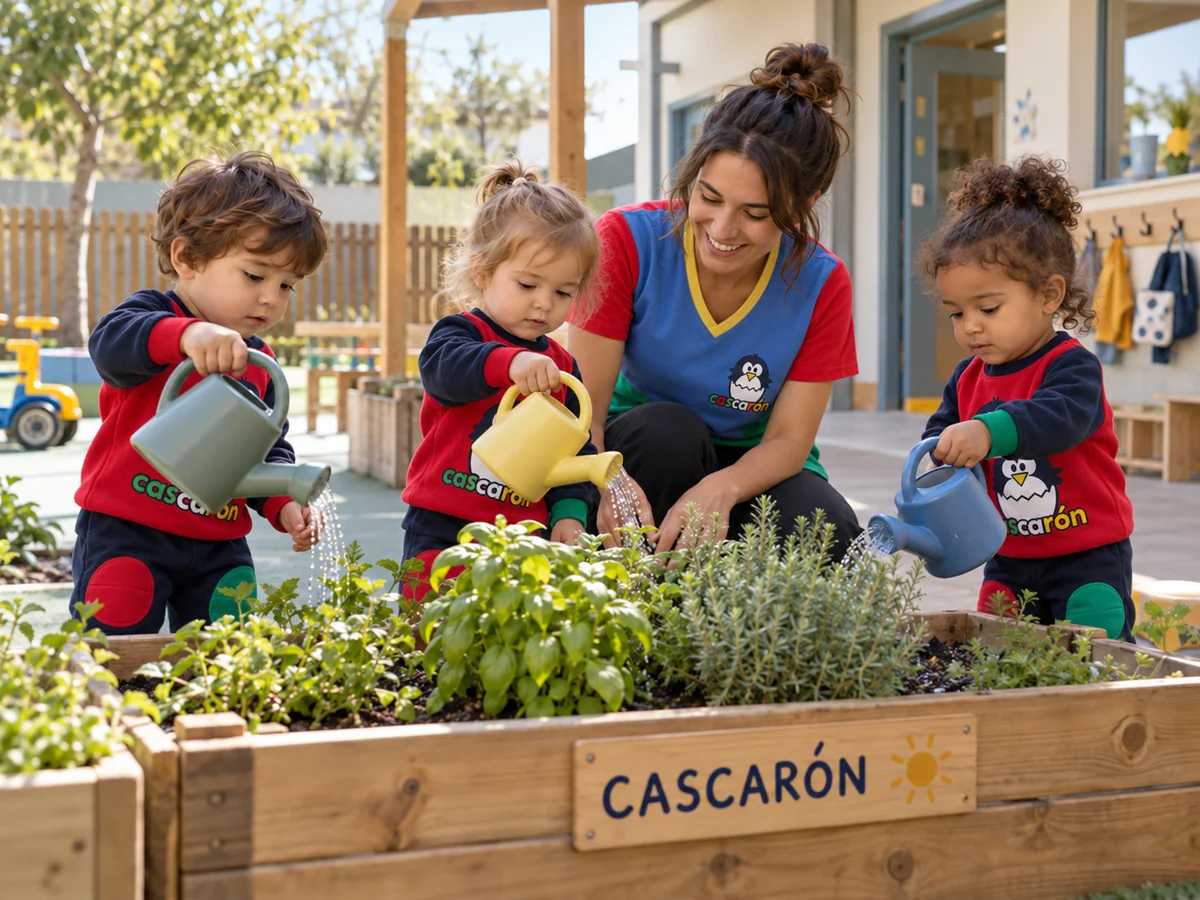 Niños pequeños cuidan un huerto escolar acompañados por una educadora. Imagen ilustrativa generada con IA.